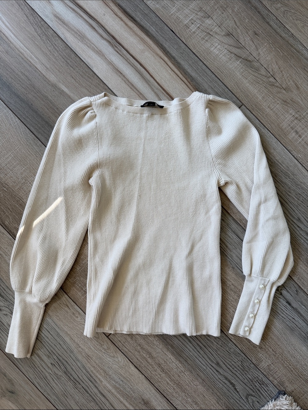Ann Taylor Cream Ribbed Puff-Sleeve Sweater with Pearl Cuffs